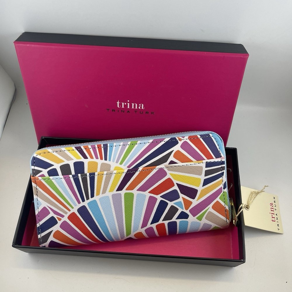 Trina Turk Large Vegan Leather Zip Wallet Colorful Geometric Gift Box New NWT - Picture 2 of 5